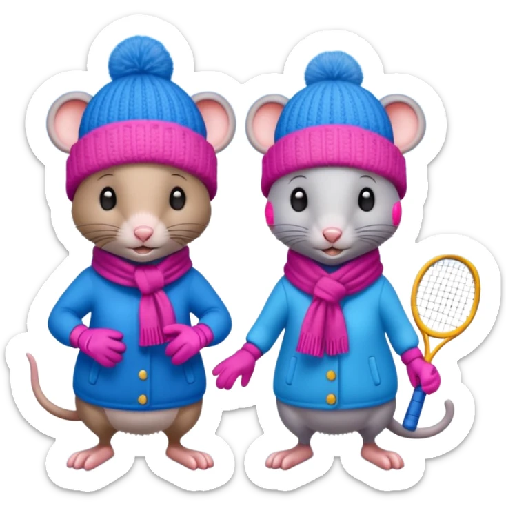 Male and female rat playing tennis in winter with gloves hats and scarves but one wearing blue the other wearing pink and it is snowing and they are wearing woolly hats sticker