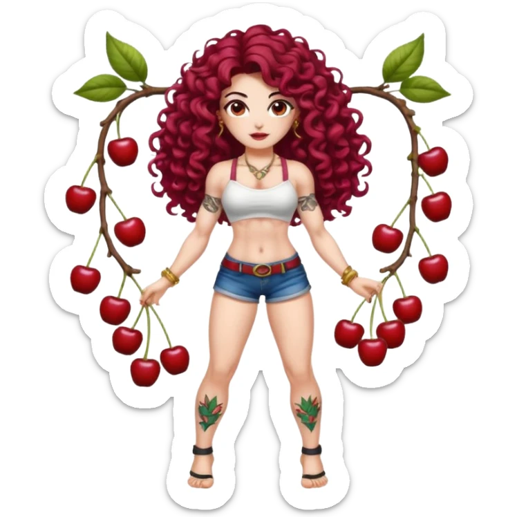full body woman long curly brown hair brown eyes white skin tattoos muscular build cherry twin fruit hair ornaments, flirty battle pose sticker