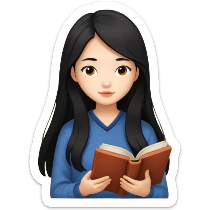 Beautiful Asian girl with long black hair reading book cozy aesthetic sticker