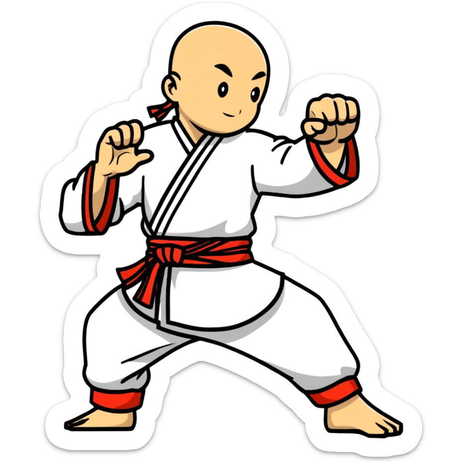 Martial artist in dynamic kung fu pose, wearing traditional loose outfit with sash sticker