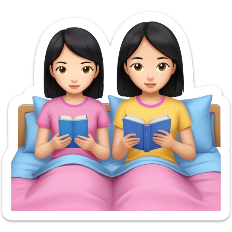 two asian girls black hair on the bed pink and yellow top reading blue books sticker
