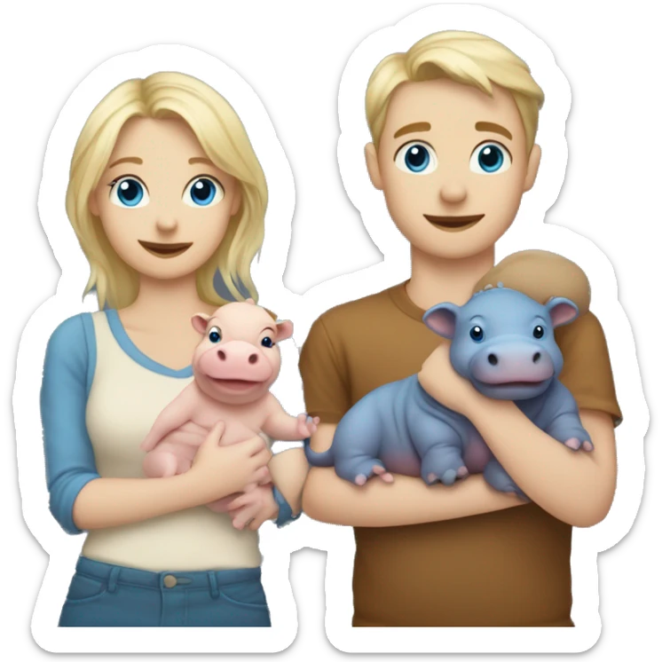 blonde girl with blue eyes holding tea in one hand and holding hands with brunette boy with blue eyes holding a baby hippo in his other arm sticker