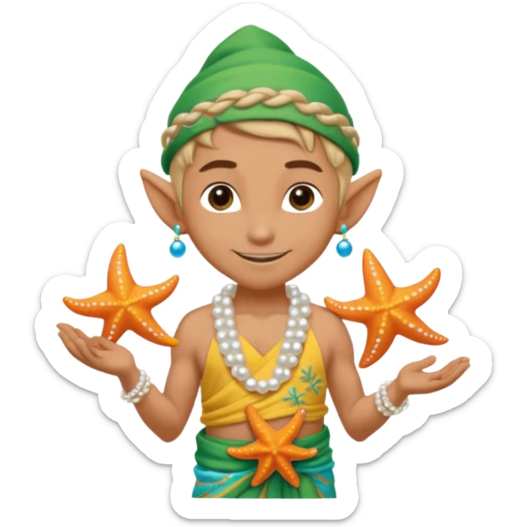 elf male Sarong with bioluminescent embroidery, armful of starfish, hair in a braid with pearl pins. sticker