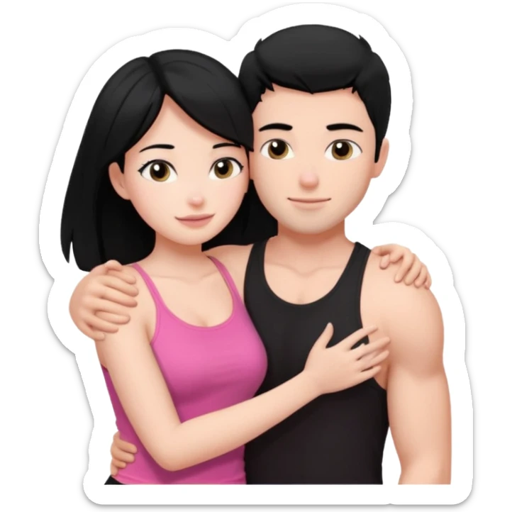 a pretty bratz fair girl. black hair, wearing a pink cami top, she is hugging a handsome fair guy with black hair. lean but muscular.the boy is wearing a black tshirt sticker