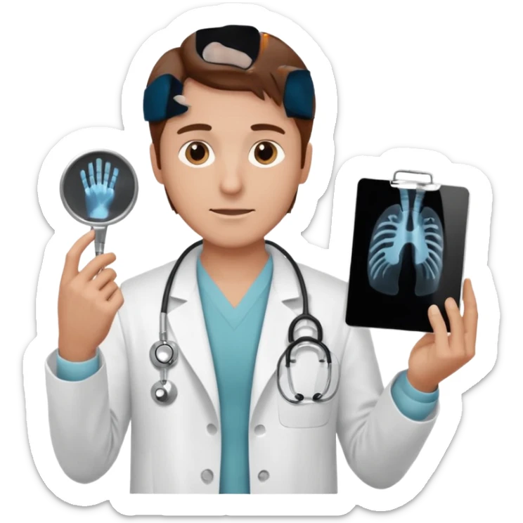 Radiografía de mano sostenida por un hombre con bata blanca  piel clara cabello café sticker