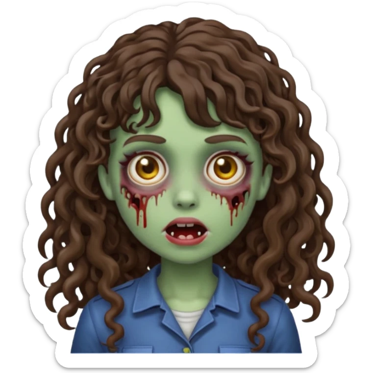 Emoji garota zombie com cabelo castanho escuro cacheado longo com franja cacheada sem volume sticker