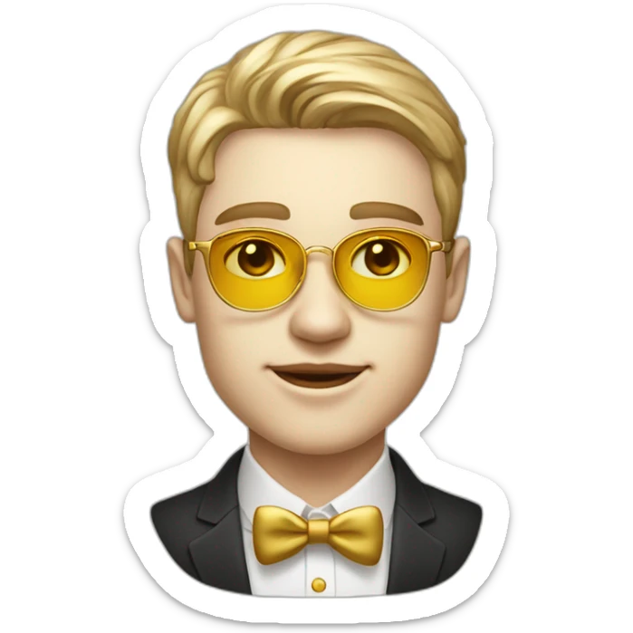 19 years old boy like a gentleman white skin tone. With golden optic glasses. Wearing old money style sticker
