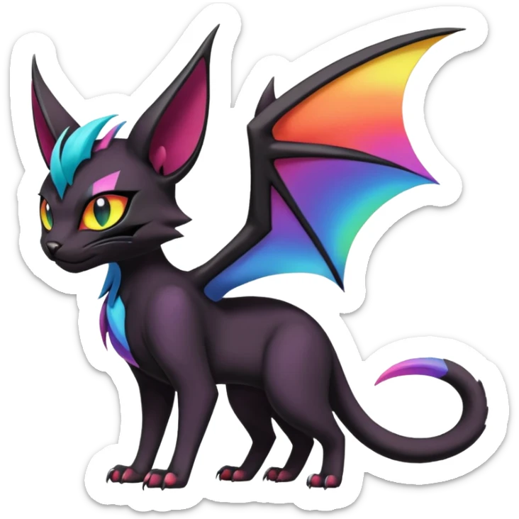 Obsidian-pitch-Black with rainbow-markings edgy Noivern-Noibat-Purloin-Torracat-Lykoi-Caracal-cat-Fakemon-fusion-hybrid-creature sticker