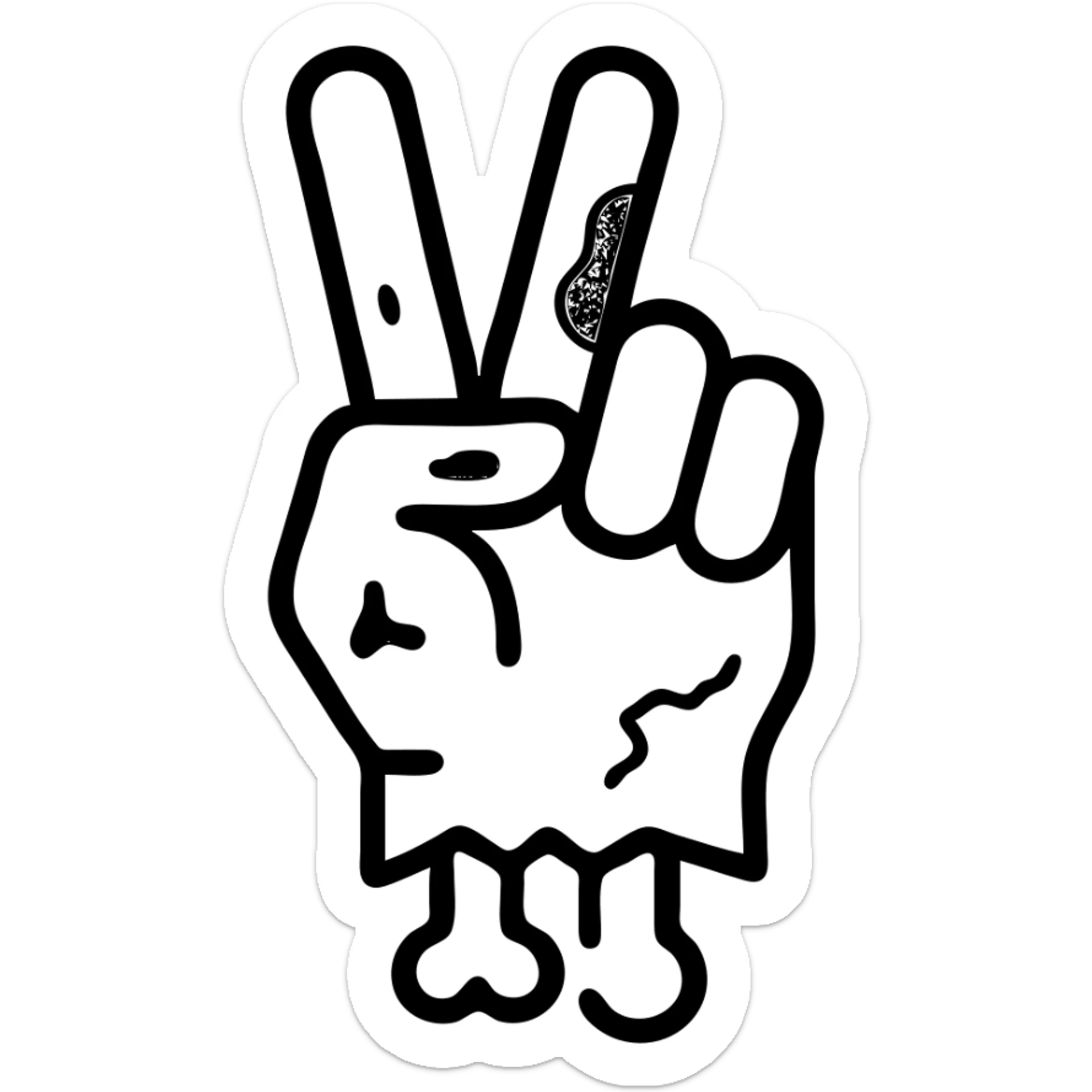 Color the outlined zombie hand making the peace sign with greenish skin and purple shadows. Add some blood and decay details for a classic zombie look, while keeping the cartoon outlined style intact. sticker