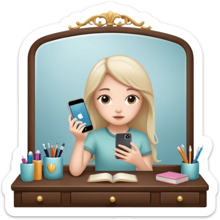 Girl sitting at vanity taking out picture with iphone 15 plus in the mirror and study materials on the vanity sticker