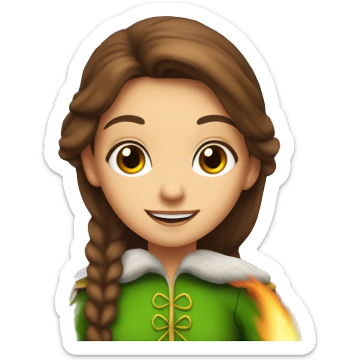 brunette haired girl with hazel eyes wearing elf costume on top of a fire jumping sticker
