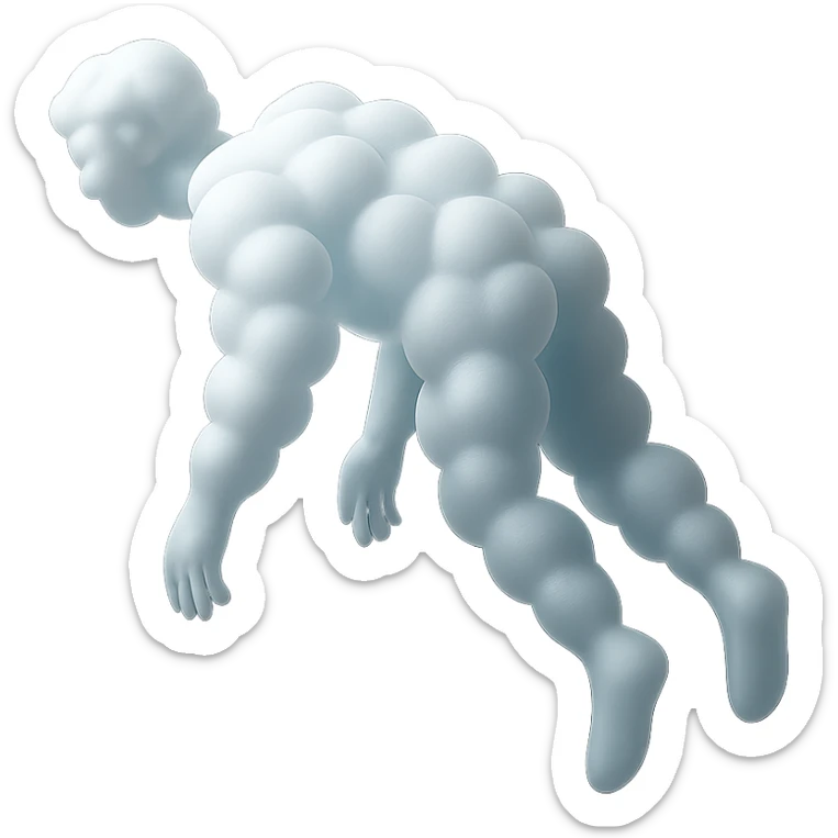 side view of unconscious person flying upwards by torso, legs and arms downwards, made of small very bright white fluffy convex clouds, matte glass style sticker