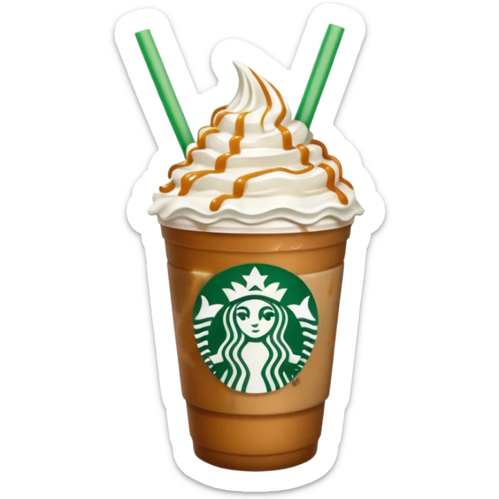 A 3D cartoon Starbucks Frappuccino cup with whipped cream and caramel drizzle, frosty texture, green straw, transparent cup with logo, soft cool lighting, Memoji-style. sticker
