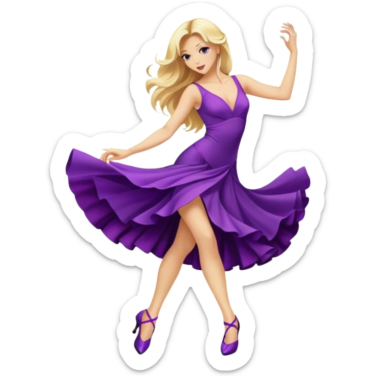 long blonde hair, dancing a tango in a purple dress and purple heels  sticker