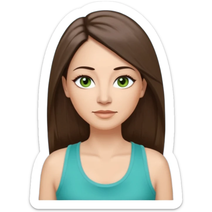 43 year old Adult woman avatar, light skin tone, long, oval face, long straight ashy brown hair, green almond-shaped eyes with dramatic eyelashes and minimal eyeliner, neutral mouth, medium straight eyebrows, small nose, smooth skin, sky blue tank top sticker