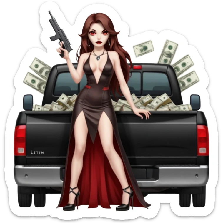 Lilith symbol red eye seductress evil long brown haired sexy succubus woman with leather long dress with slit, sitting in Big Large F350 pickup truck. Black Platform high heels on feet. Back of truck full of stacks of cash, sitting behind her is  a human skull with a gun in other hand sticker