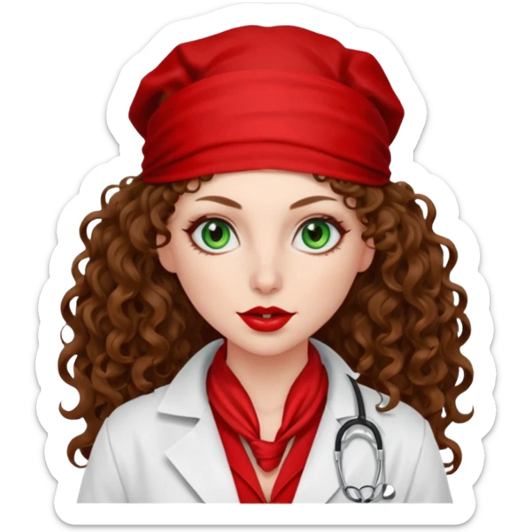 Spanish sexy evil woman. She has green eyes.  had brown long curly hair.  evil surgeon kills with needle wears red sexy doctor coat with red bandana on her mouth and nose to hide and wearing red gloves.  sticker