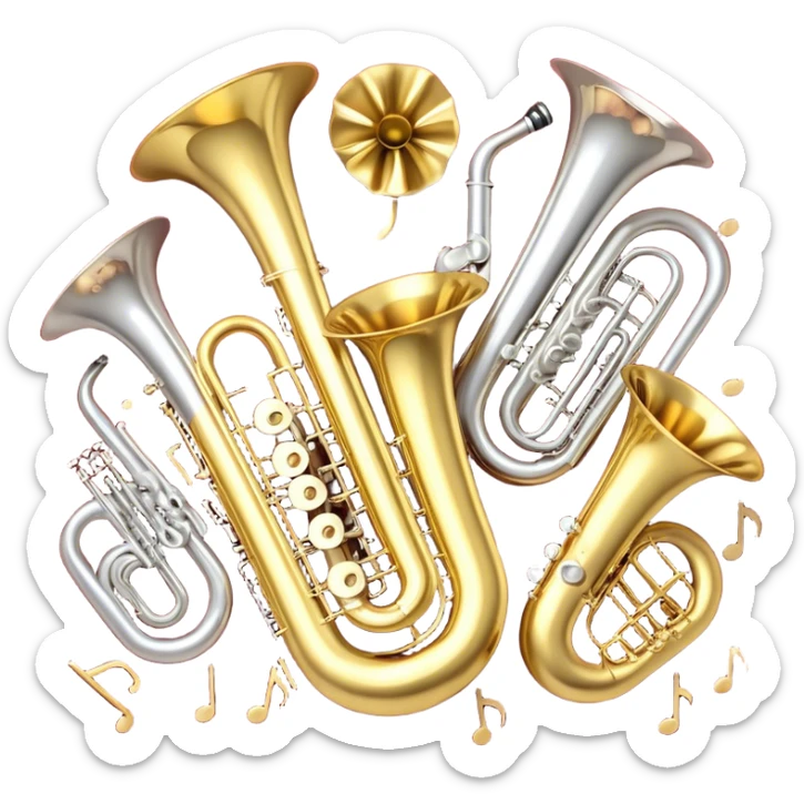 Create a festive and elegant emoji collage featuring a bouquet or fan of bells of wind instrument  (trumpets, saxophones, trombones, tubes, etc.) arranged in a radiant, symmetrical pattern. The instruments should have polished, golden and silver finishes, with their large, shiny bells forming a beautiful, fan-like display. Include a flowing ribbon of musical notes swirling through the center, conveying movement and melody. The background should feature a deep red velvet texture, adding a touch of luxury and sophistication. The overall composition should be balanced, with an elegant and regal feel, with a transparent background to keep focus on the instruments and musical elements. sticker