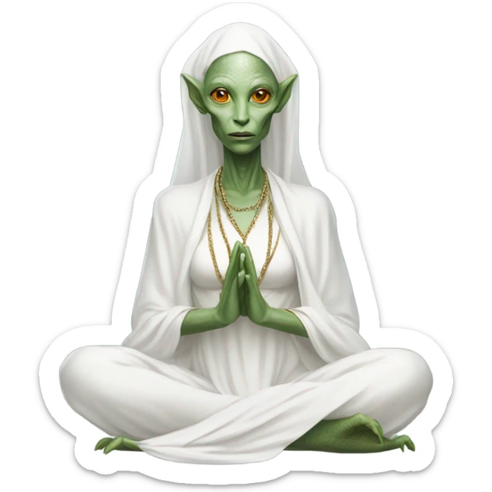 a Reptilian alien woman,in meditation, white dress like a priestess sticker