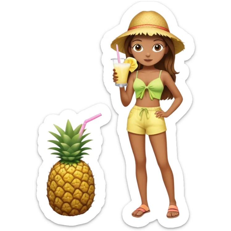Full body of a very tan skinned girl with brown hair wearing a summer outfit sipping a piña colada sticker