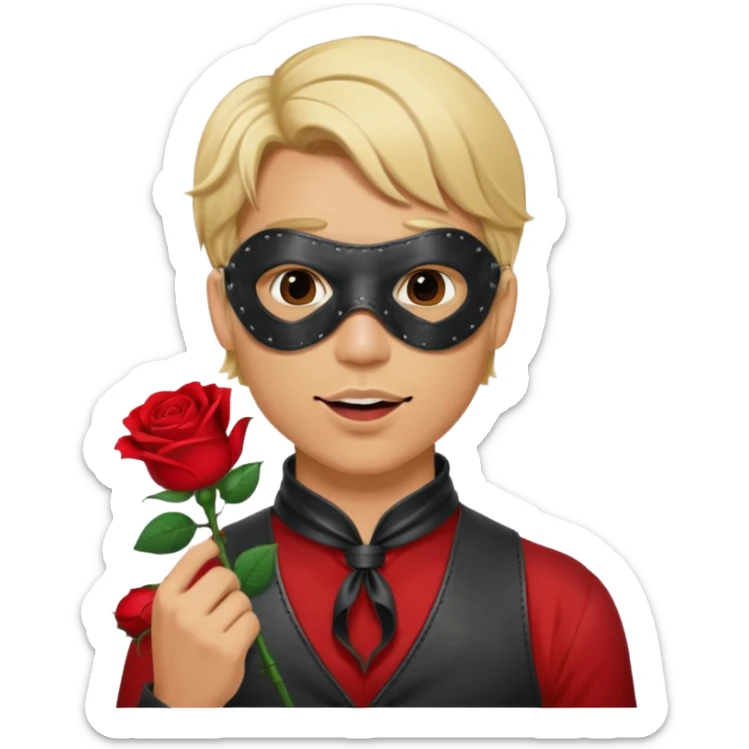 blonde man with leather eye mask and leather halter neck blouse, holding rose with his mouth sticker