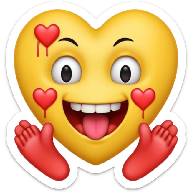yellow emoji face holding a heart and hes so happy with so happy with teeth and tongue and toes growing out of the top of its head. his eyes have been plucked out and are now eyeless sockets. no eyes. emo hair sticker