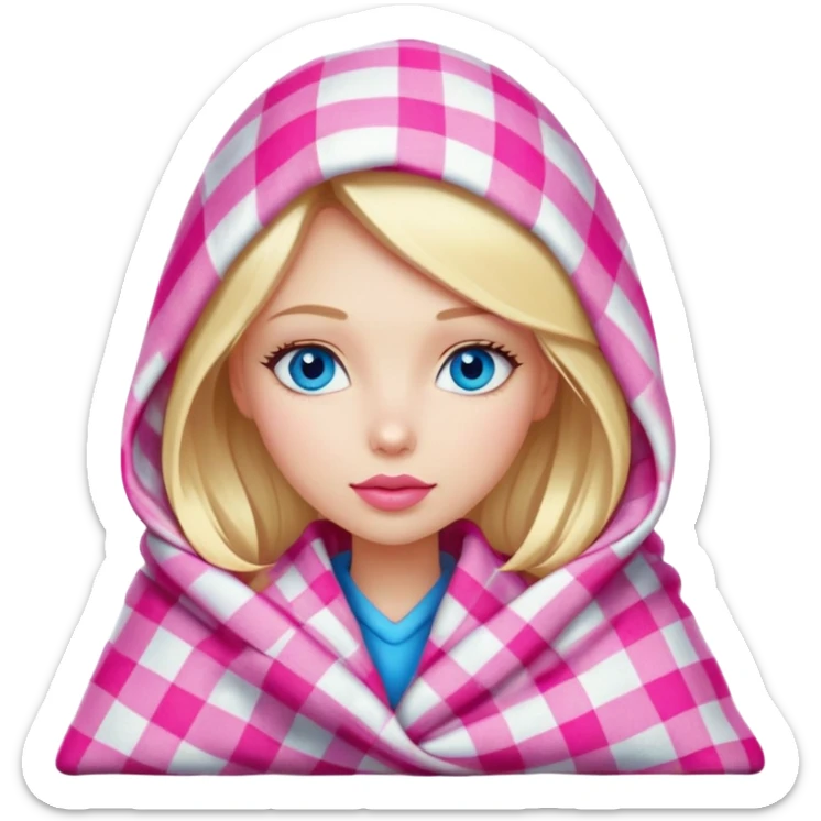 A beautiful blonde girl , blue eyes, pink lips is wrapped in a plaid with her head sticker