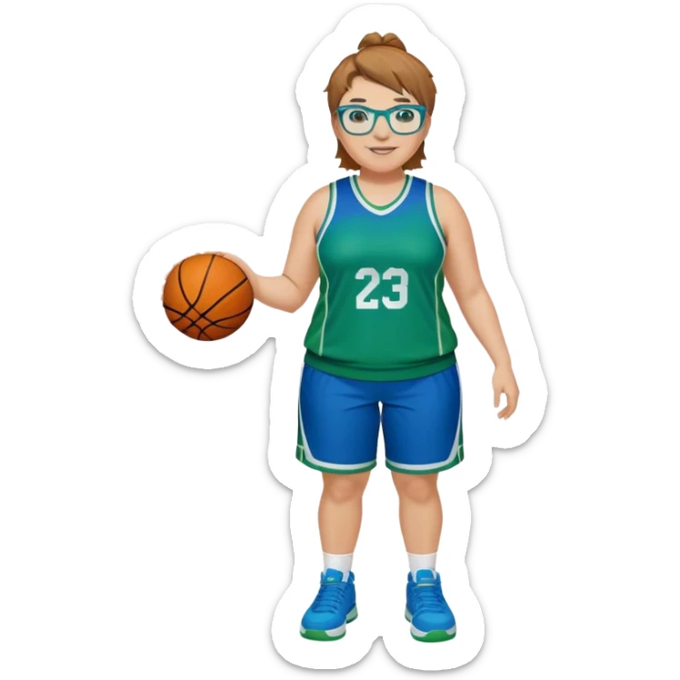 Full Body plus size white female basketball player with short light brown hair with carmel highlights spike hair wearing blue glasses  wearing blue green uniform  green sneakers smiling  sticker