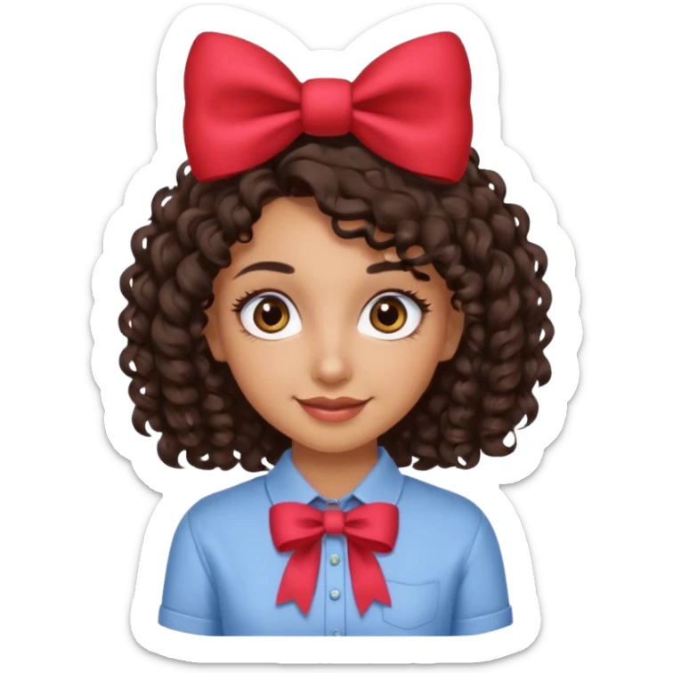 Do a Curly haired girl with dark brown hair, brown eyes, medium tan skin, big eyes and big lashes, with thin lips and add a shirt with a bow sticker