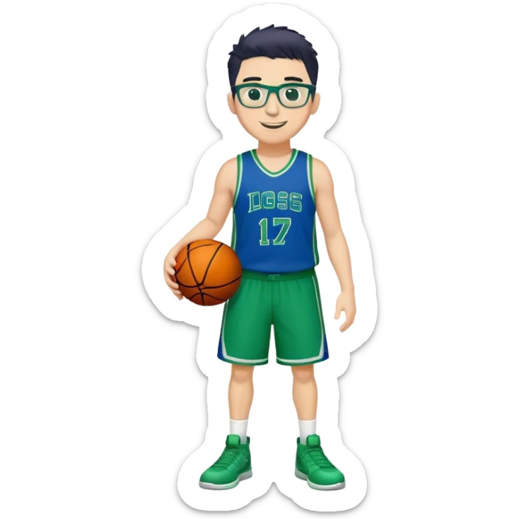 Full Body heavy white male with dark short spike hair basketball player wearing glasses wearing blue green uniform smiling sticker