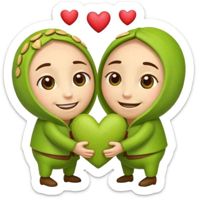 animated pistachio and pistachia holding hands, surrounded by hearts, iOS emoji style sticker