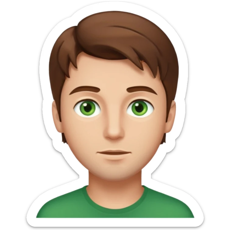 young man with brown hair that goes really high up, green eyes wide open sticker
