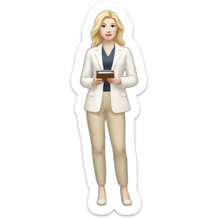 Full height pale skin woman with blonde Straightened Hair to shoulders, White classical jacket, beige Arrow pants holding a color palette in the hands sticker