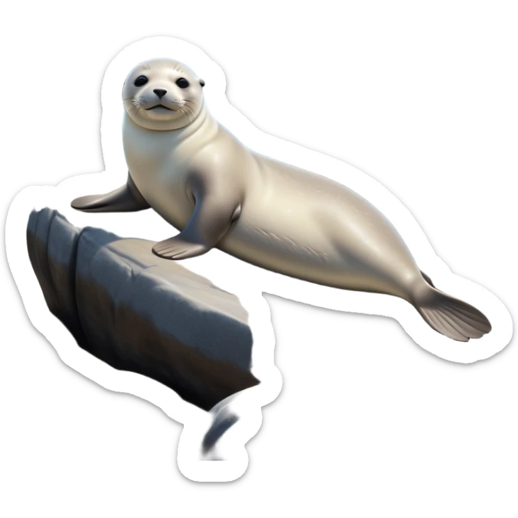 cinematic-seal-realistic-full-body-lounging-emoji,-plump-sleek-body-stretched-out-on-a-rocky-shoreline,-short-smooth-fur-glinting-in-the-sea-breeze,-flippers-tucked-comfortably-beneath-its-body,-large-dark-eyes-filled-with-playful-curiosity,-whiskered-muzzle-lifted-slightly-as-if-smiling,-simplified-yet-realistic-focused-features,-highly-detailed,-glowing-with-a-refreshing-marine-radiance sticker