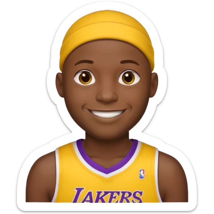 ["Very dark skin male, shaved head, wearing a yellow Lakers jersey."] sticker