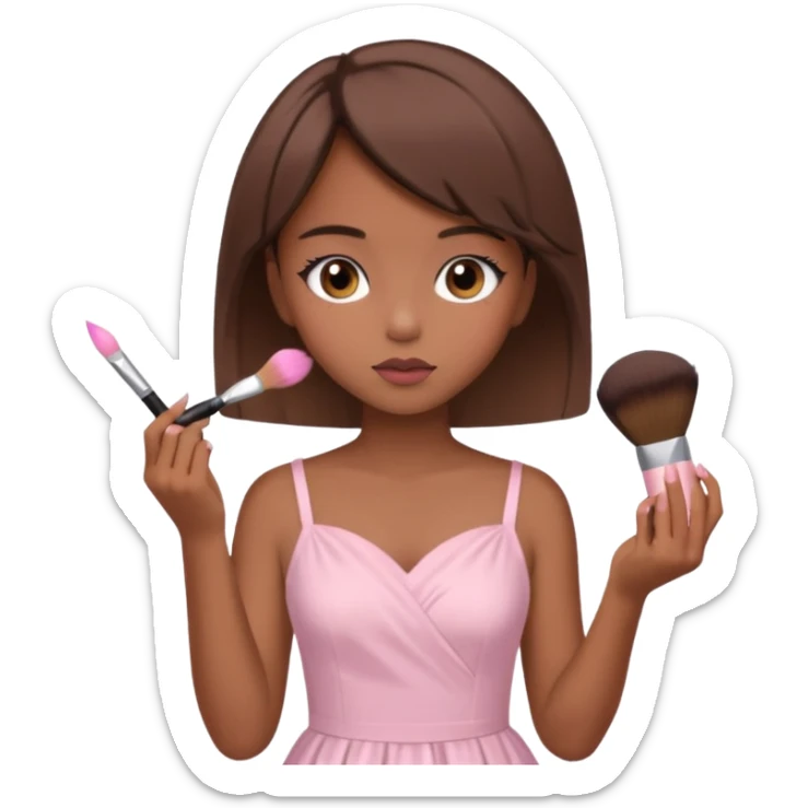 girl with brown hime cut hair, wearing light pink dress, doing makeup sticker