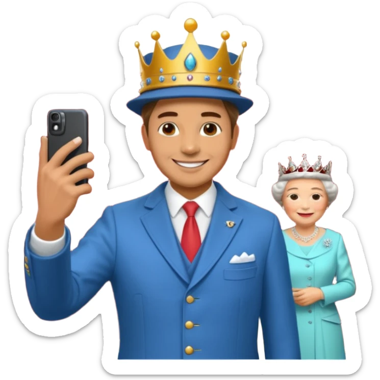 A person/a man who's taking a selfie in a room with the wax figures of the queen elizabeth the II sticker