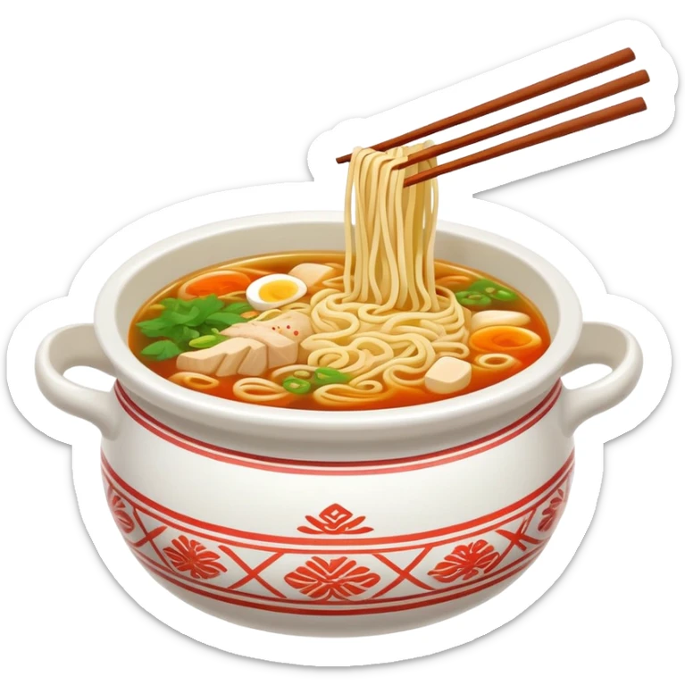 Yunnan Crossing the Bridge Noodles with raw ingredients and hot broth in special pot, simplified emoji style with bold outlines and bright colors, cartoon style unique serving method sticker