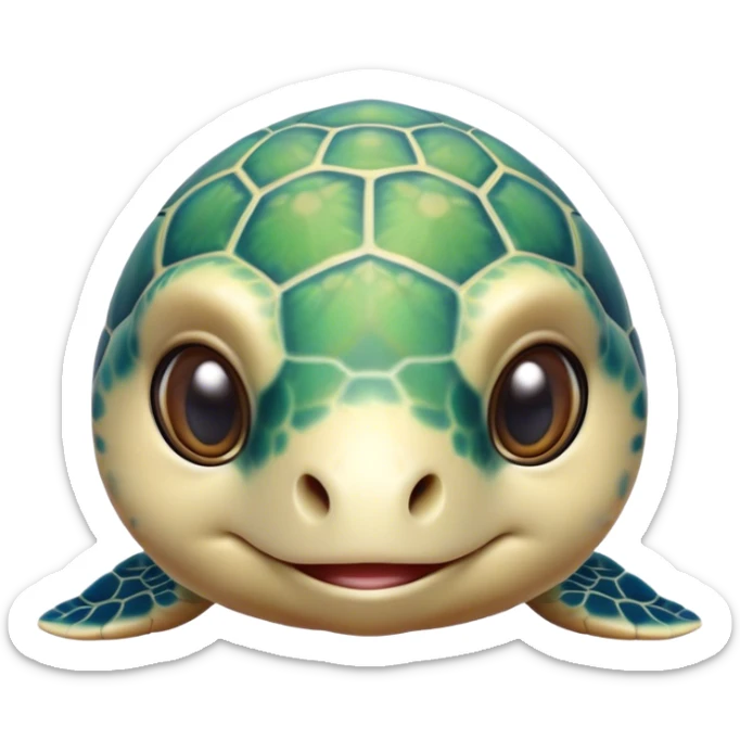 Cinematic Cute Sea Turtle Portrait Emoji, Head tilted playfully and inquisitively, featuring a charming, compact form with a beautifully patterned, domed shell and gentle, sparkling eyes full of oceanic wonder, Simplified yet irresistibly adorable features, highly detailed, glowing with a warm, friendly sea glow, high shine, affectionate and lively, stylized with a touch of whimsical marine charm, soft glowing outline, capturing the essence of a mischievous yet loving sea turtle that seems as if it could swim out of the screen into your arms! sticker