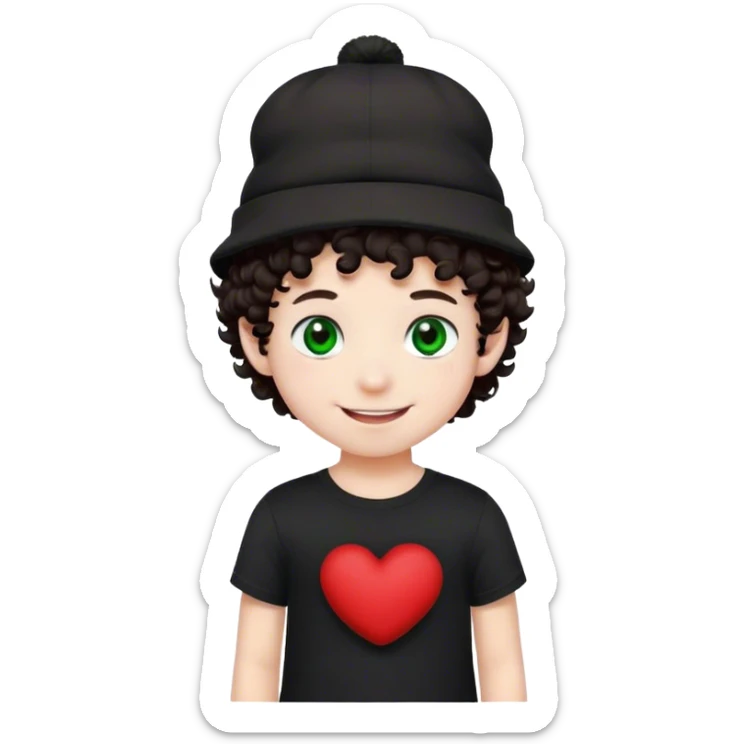 A boy with white skintone, dark brown little curly hair, a black and red plushie looking hat, with a smile and all, it’s very furry. And the boy had green eyes, and a black shirt on. sticker