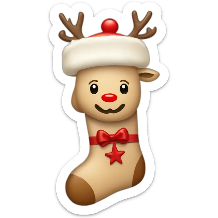 A beige Christmas stocking with red snowflakes and a reindeer drawn on it. The reindeer has a red nose. sticker
