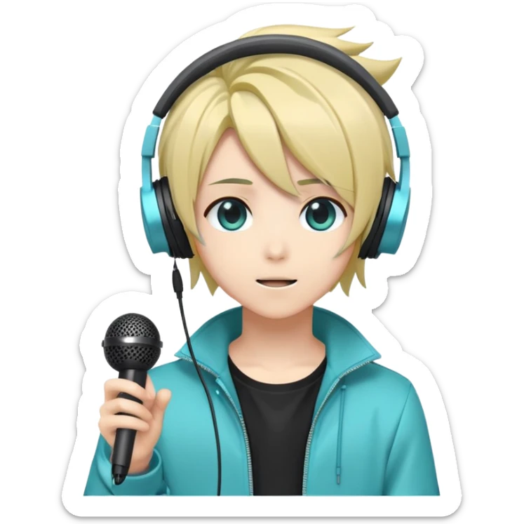 Vocaloid Xydrick, anime-style virtual singer with stylish hair and headphones, holding a microphone sticker