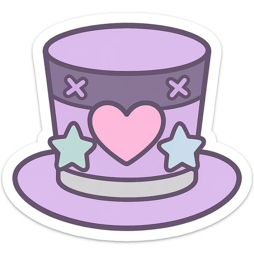 top hat in pastel goth style, pastel purple velvet, silver trim, playful and dramatic sticker