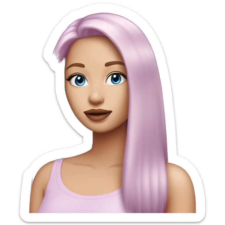 a beautiful girl with fair skin, blue eyes and long straight soft pink hair, with soft pink lipstick. in a lilac fashionable top sticker
