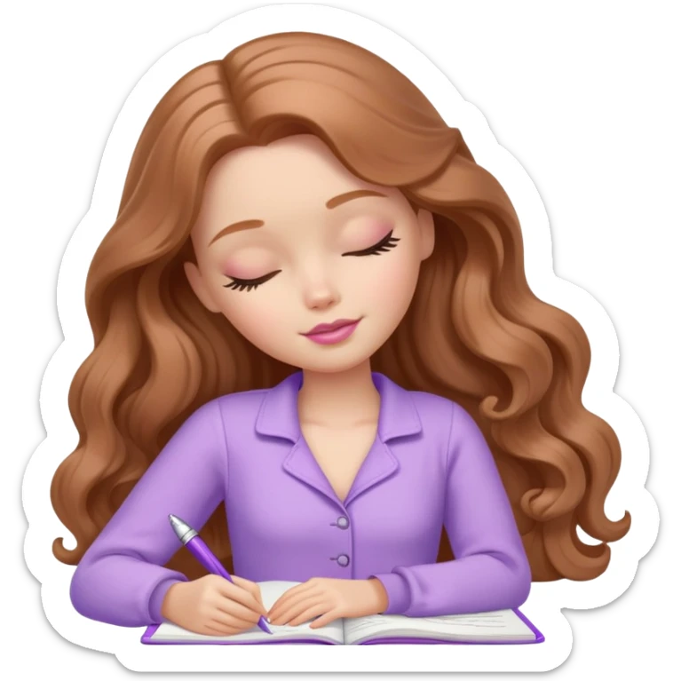 White Barbie girl Chestnut long wavy hair sleeping with In lavender clothes, he writes in a notebook sticker