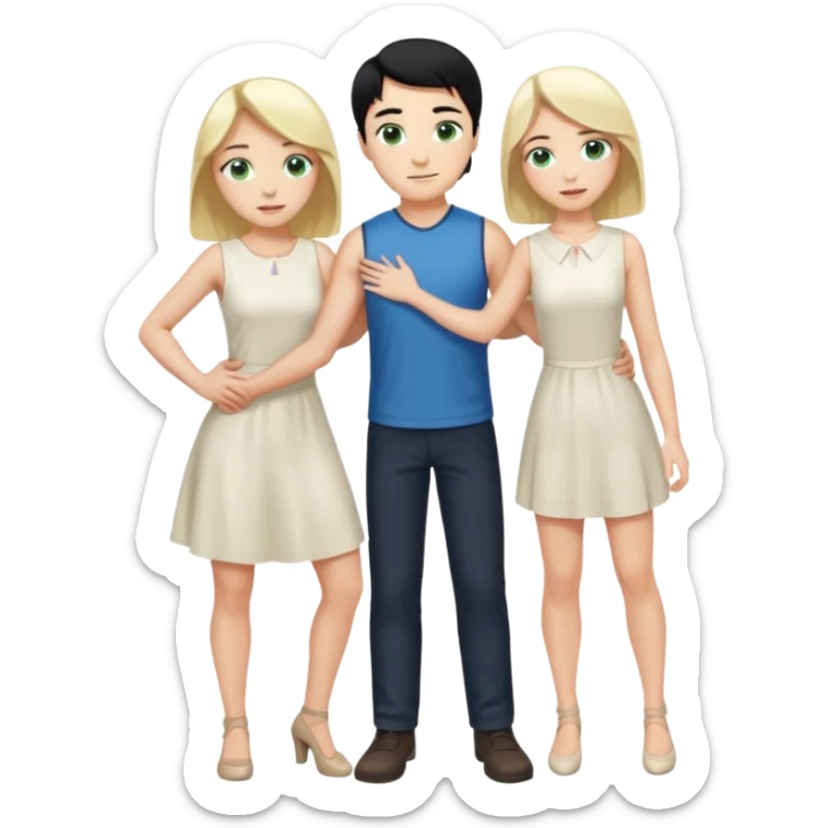 King, upright, black Hair, blue eyes, whole body, Woman, blonde Hair, Green eyes, bending knee, sleveless White Dress, sticker