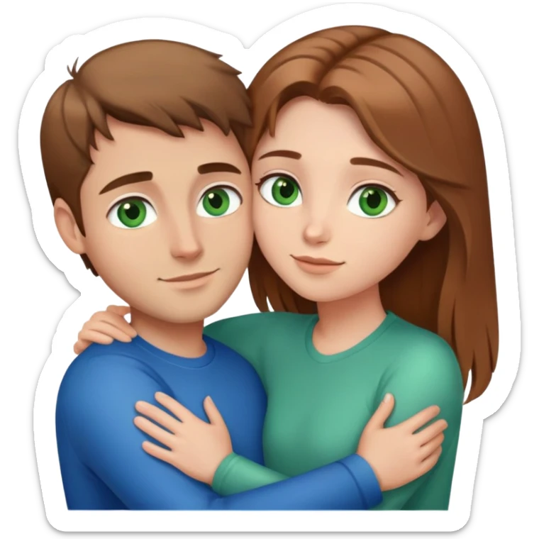 cute couple hugging, girl with light brown hair and green eyes, guy with brown hair and blue eyes sticker