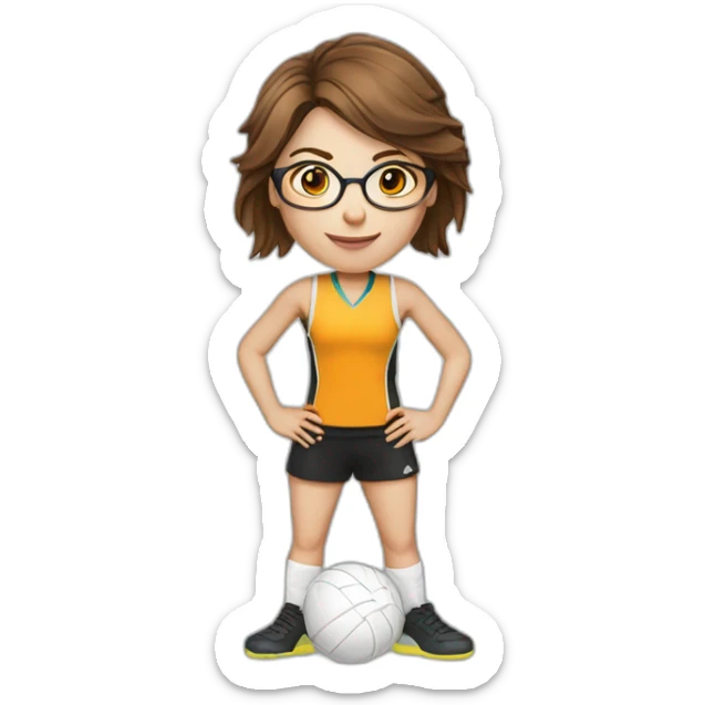 caucasian female netballer with brown hair, glasses and ball sticker