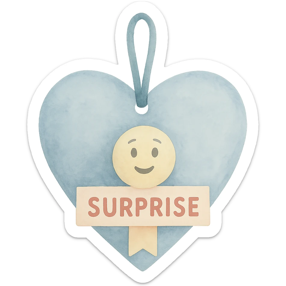 Recreate the blue heart-tagged pink gift in a watercolor art style, with the name 'Surprise' on the tag, no background. sticker