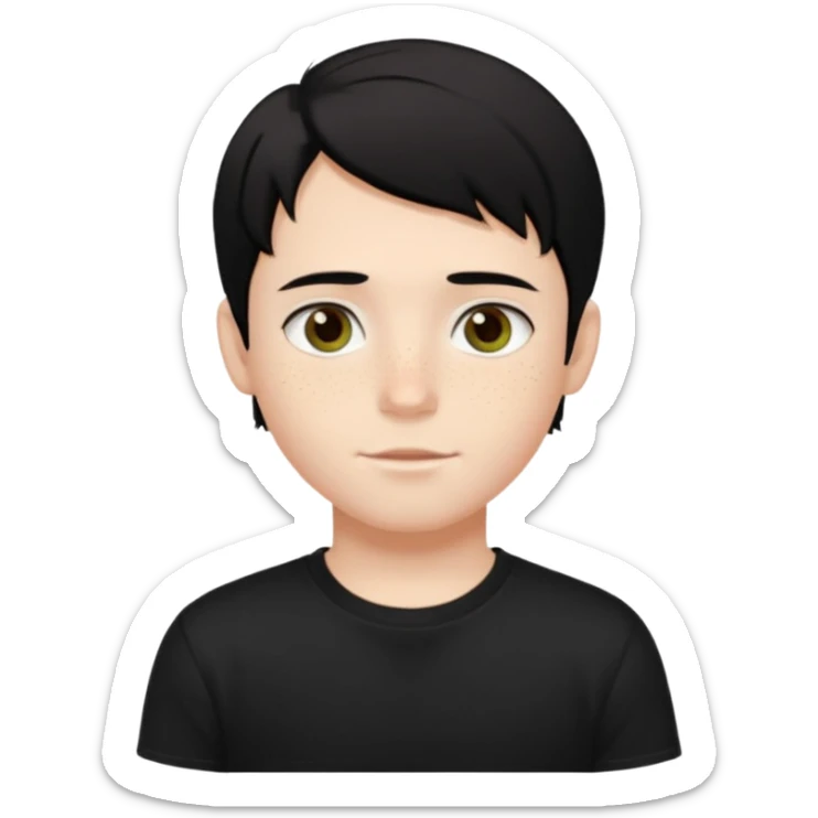 A beautiful boy with black hair and hazel green and brown eyes and white skin , with dark freckles and black t shirt with HAIRCUT: middle part hair hair with a center part haircut  sticker